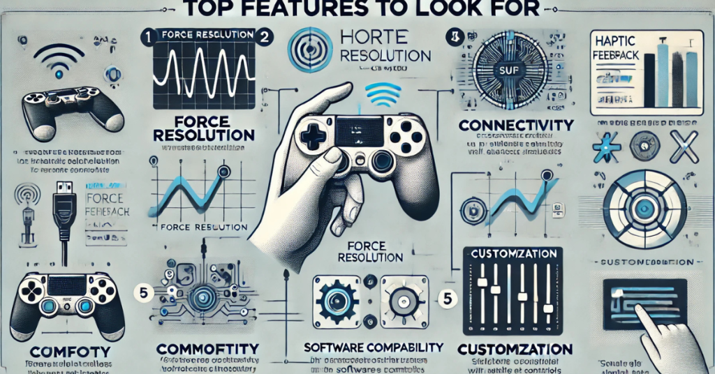 Infographic showing top features to look for in haptic controllers including resolution and compatibility