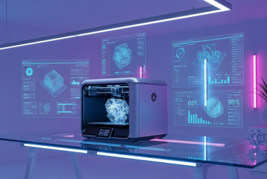 Sleek smart 3D printer surrounded by holographic interfaces in a modern, high-tech workspace