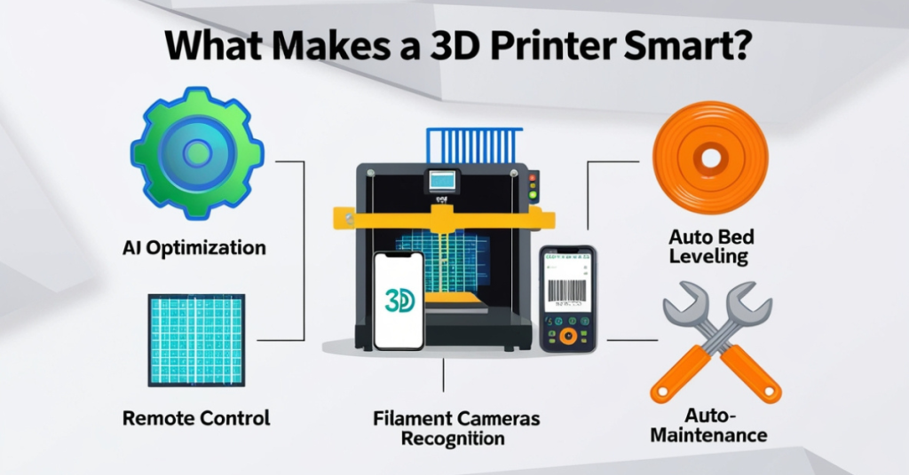 Infographic showing features that define a smart 3D printer like AI control, auto calibration, remote monitoring, and material detection