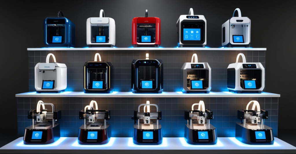 Display of 10 smart 3D printers arranged in a futuristic showcase with subtle lighting