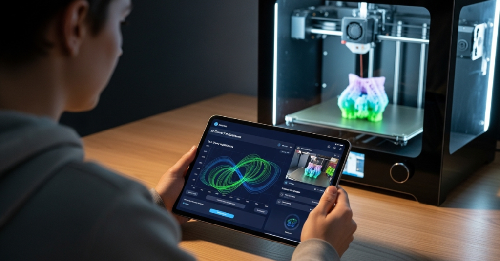 User remotely monitoring a smart 3D printer with live print data and AI adjustments on tablet screen