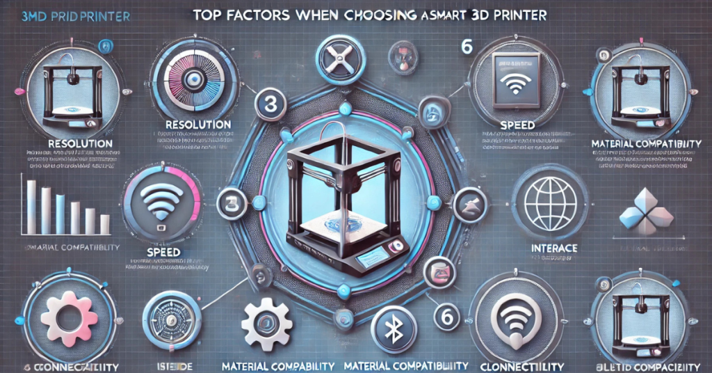 Visual guide showing key factors to consider when choosing a smart 3D printer, including resolution, connectivity, and materials