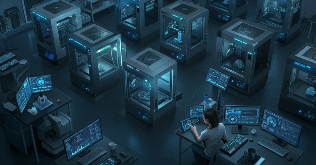 High-tech workspace with multiple smart 3D printers operating simultaneously, monitored by a person using advanced software on multiple screens and touch interfaces