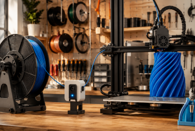 A smart filament sensor monitors blue filament feeding from a spool into a 3D printer creating a spiral vase.