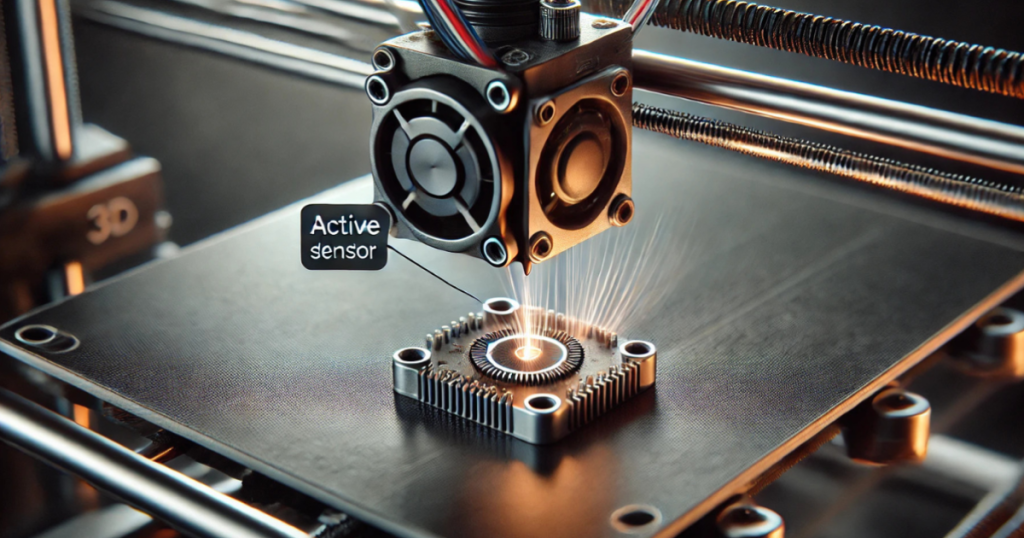 A close-up illustrates an active smart sensor monitoring a 3D printer as it produces a mechanical part.