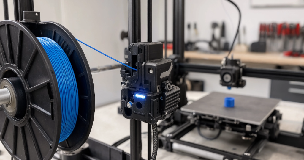 A close-up shows blue filament passing from a spool through an illuminated smart sensor toward a 3D printer.