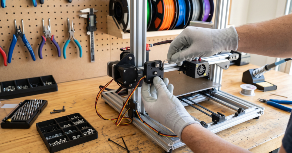 Gloved hands install a smart filament sensor near the extruder assembly of an open-frame 3D printer.