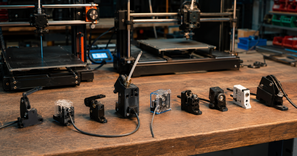 Several smart filament sensor models are arranged for comparison on a workbench in front of two 3D printers.