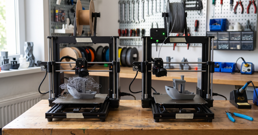 Two 3D printers demonstrate a tangled failed print beside a successfully completed model monitored by a filament sensor.
