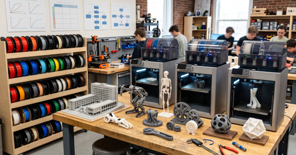 Multiple enclosed 3D printers use monitored filament systems while producing detailed models in a busy fabrication lab.