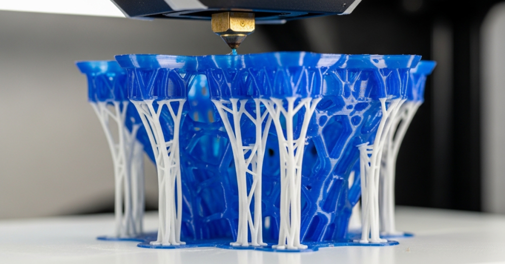 close-up of 3D print with support structures being printed, demonstrating how supports help prevent print failures in complex designs