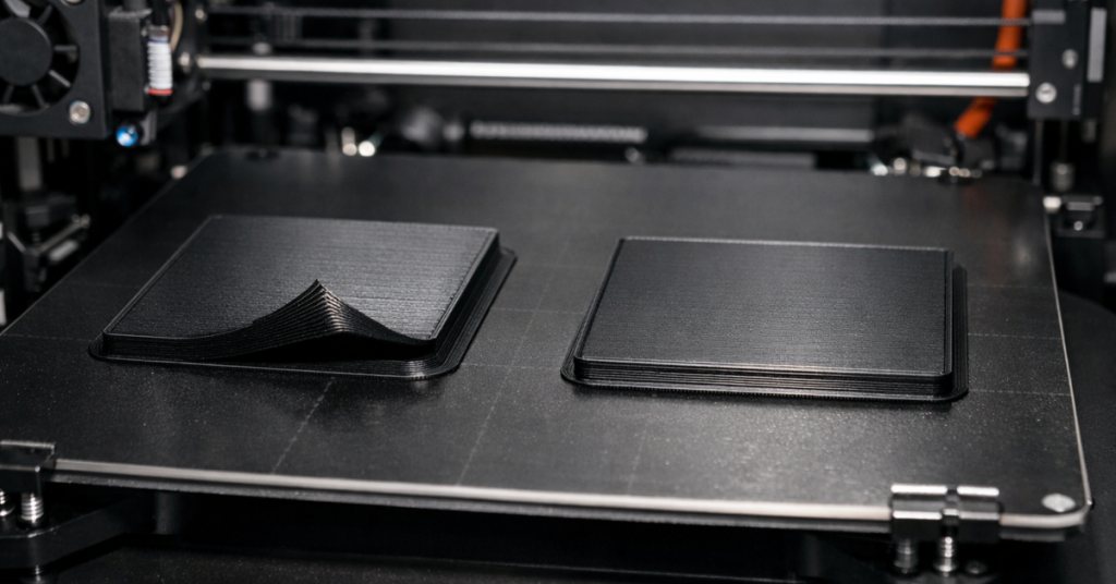 comparison of warped and properly printed flat objects on a 3D printer bed showing how poor adhesion causes print failures