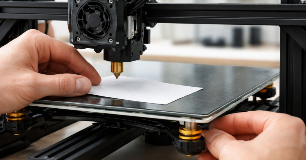 hand adjusting 3D printer bed leveling knobs with paper test to ensure proper nozzle distance and prevent print failures