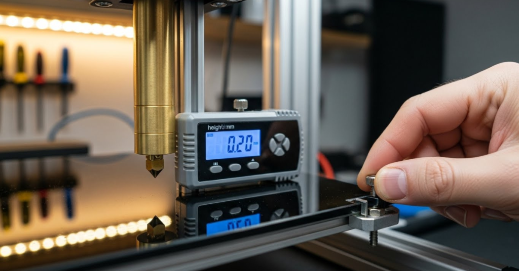 Using a digital height gauge to adjust 3D printer bed leveling and Z-offset for accurate first-layer calibration