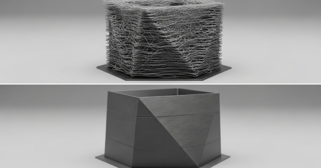 Comparison of a failed 3D print with severe stringing versus a properly calibrated 3D print with clean layers
