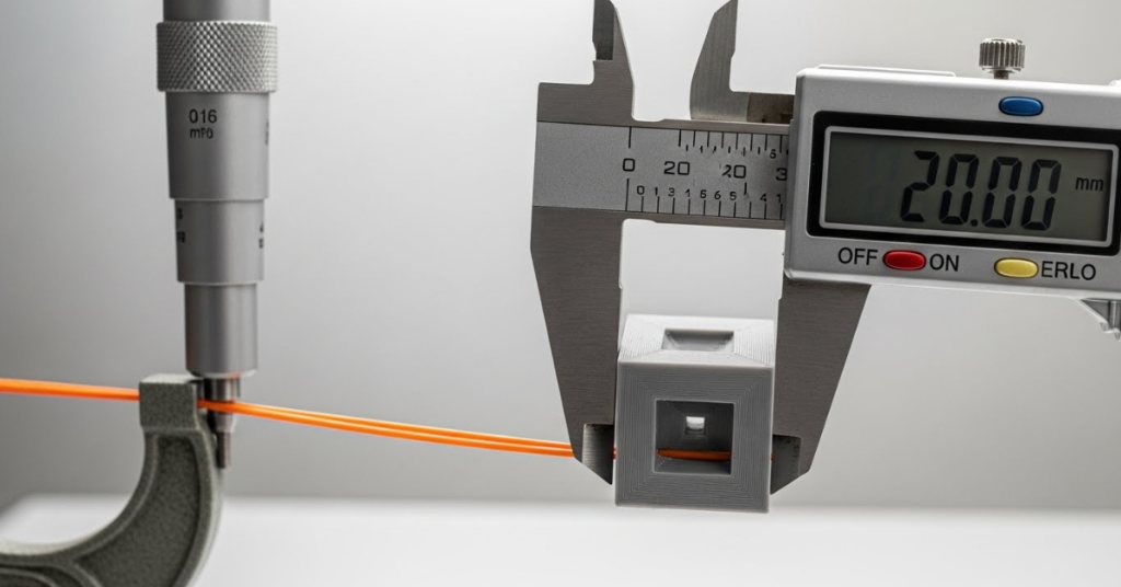 Digital caliper measuring a 3D printer calibration cube while a micrometer checks filament diameter for accurate printing
