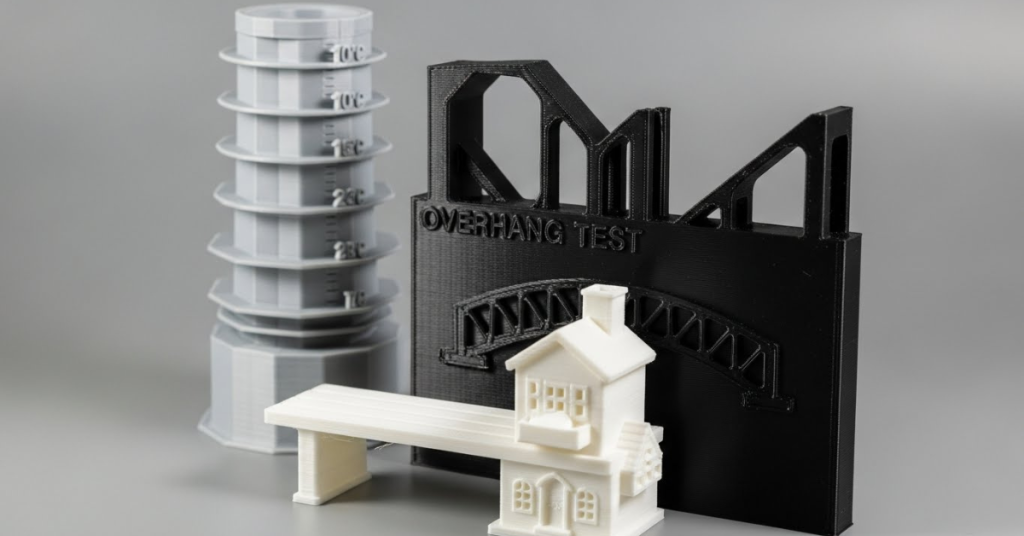 3D printer calibration test models showing overhang tests, bridging performance, and overall print quality