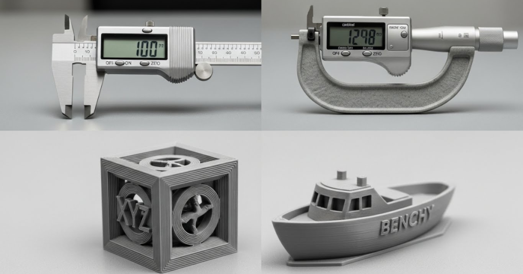 3D printer calibration tools including a digital caliper, micrometer, calibration cube, and Benchy test print