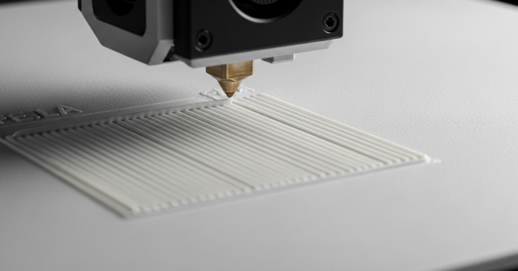 close-up of 3D printer nozzle laying down smooth first layer lines to ensure proper bed adhesion and avoid print failures