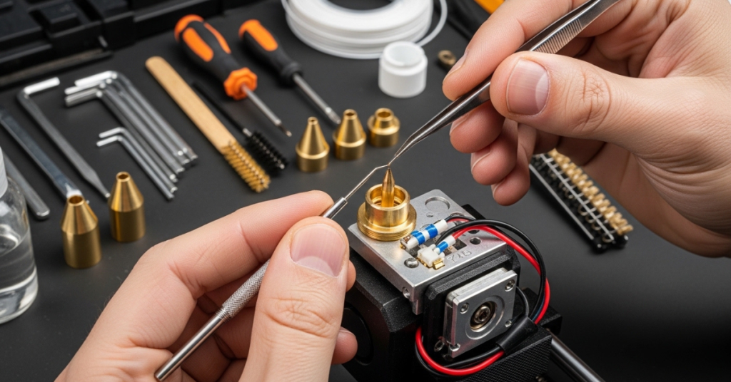 hands using a needle tool to clean a 3D printer nozzle surrounded by maintenance tools to prevent clogs and print failures