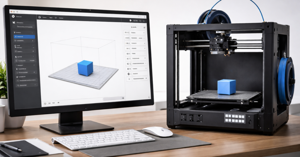 3D printer connected to computer showing slicer software preview with cube model for proper print setup and failure prevention
