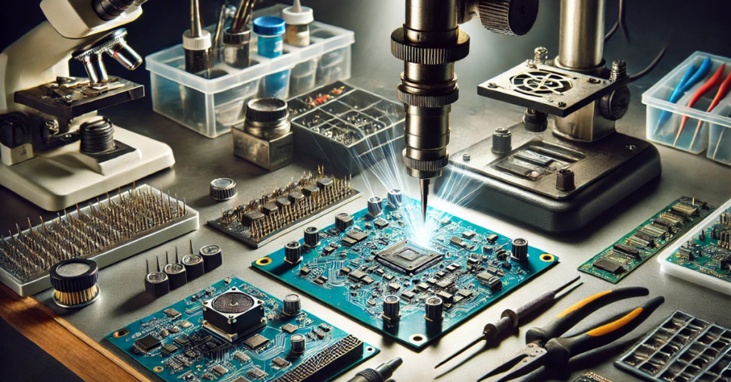 Advanced soldering and rework station performing precision work on a printed circuit board for 3D printer electronics