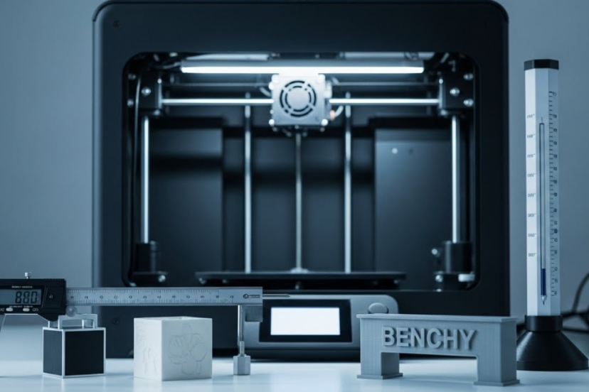 3D printer calibration tools including digital caliper, calibration cube, and Benchy test print used for precision tuning