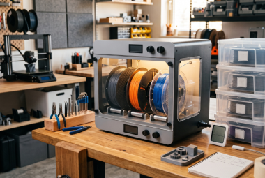 Multi-spool filament dryer positioned beside a 3D printer and sealed filament storage containers in an organized workshop.