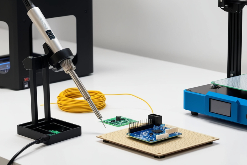 Soldering station used for 3D printer electronics work, showing a soldering iron, circuit board, and 3D printer setup