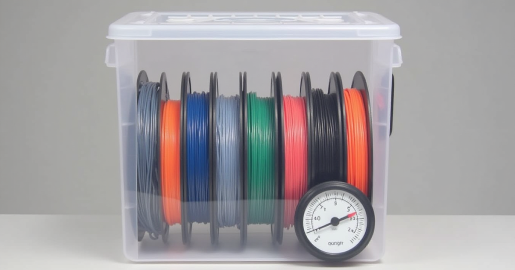 Multiple 3D printer filament spools neatly organized inside a clear airtight plastic bin with a hygrometer on the front to monitor humidity.