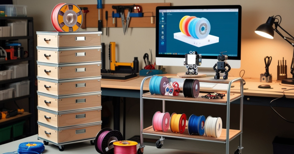 Creative DIY filament storage setup featuring wooden drawers, rolling carts, and colorful spools in a modern 3D printing workspace.