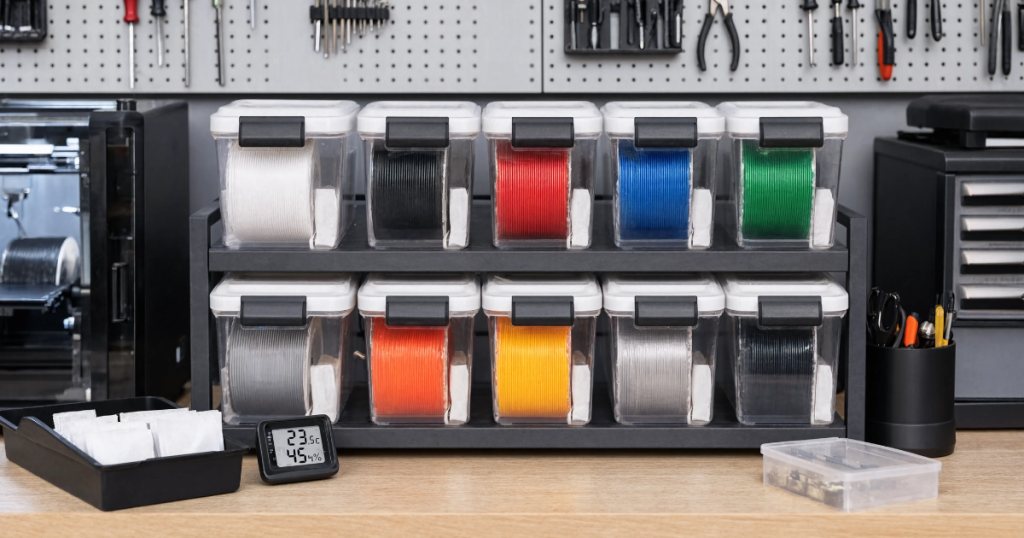 Colorful filament spools stored in sealed containers with desiccant packets and a digital humidity monitor.