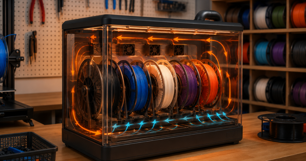 Multi-spool filament dryer using internal fans and circulating heated air to remove moisture evenly.