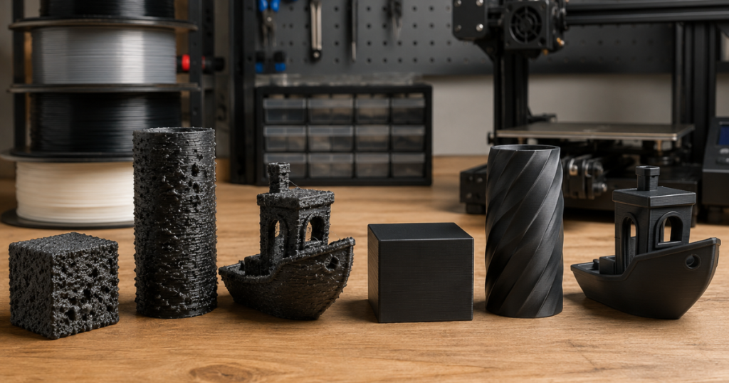 Moisture-damaged 3D prints displayed beside smooth finished prints to show how dry filament improves print quality.