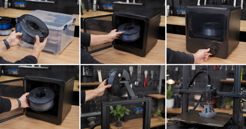 Step-by-step sequence showing a filament spool dried, mounted, and used to produce a clean 3D print.
