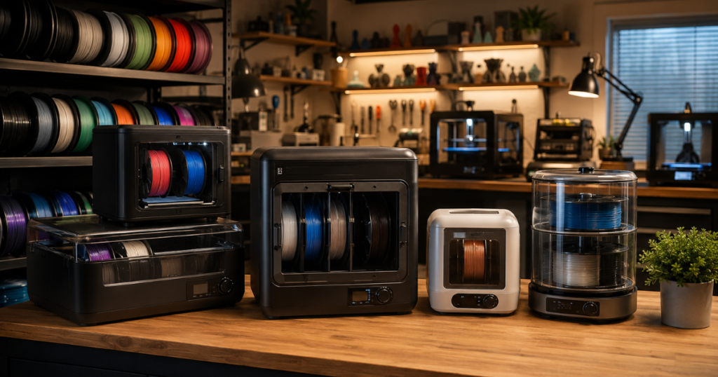 Several filament dryer designs and capacities arranged for comparison in a 3D printing workshop.