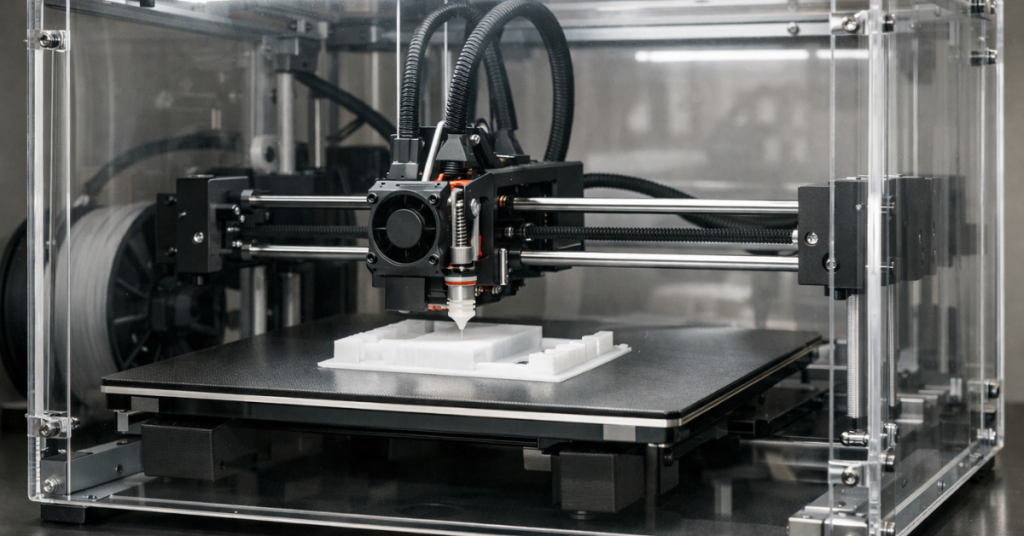 Fully enclosed 3D printer printing a Nylon part inside a clear chamber to maintain stable ambient temperature and reduce warping.