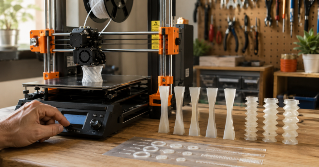 A 3D printer producing TPU calibration models with multiple retraction test samples lined up for comparison.