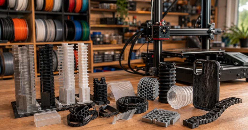 Collection of TPU retraction test towers and finished printed parts demonstrating improved print quality after calibration.