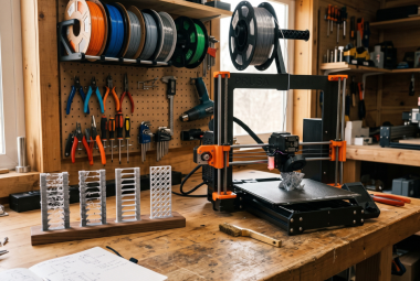 3D printer in a workshop with TPU retraction test towers displayed beside the printer for tuning retraction settings.
