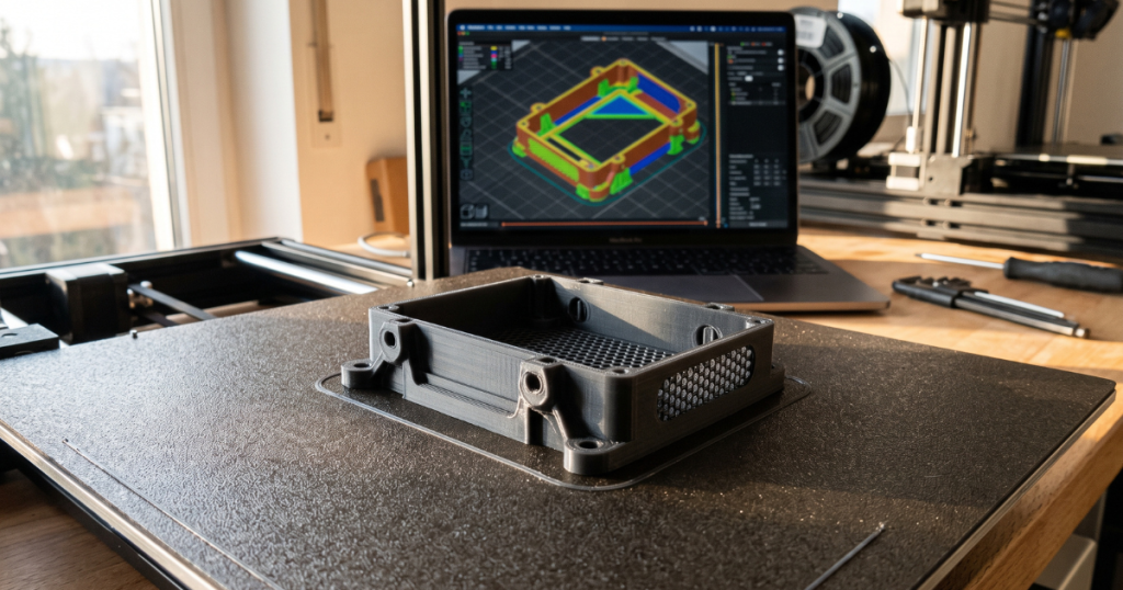 A completed functional print beside slicing software configured to fine-tune TPU retraction settings before printing.