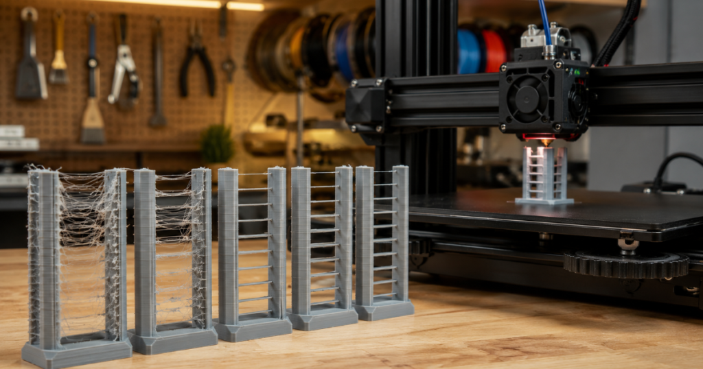 TPU retraction tower tests showing severe stringing compared with cleaner results during retraction calibration.