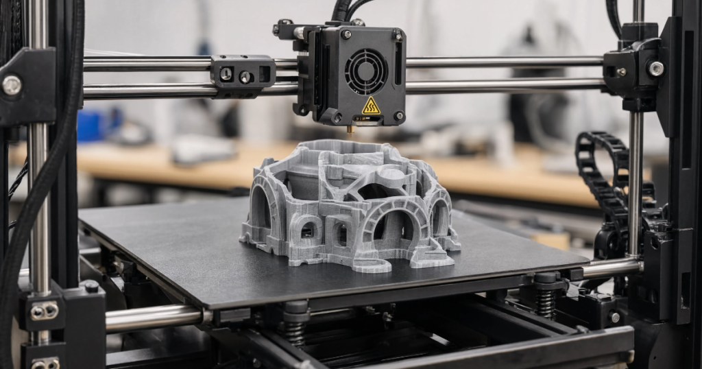 A detailed TPU print being completed cleanly after optimized retraction settings reduce stringing.