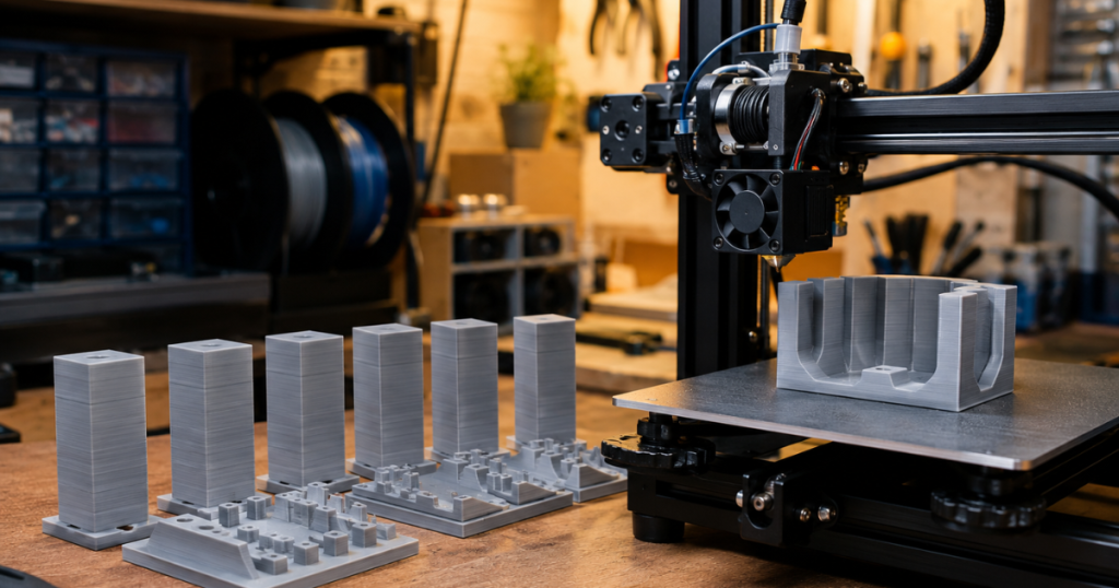 Multiple TPU calibration models and functional parts used to compare retraction performance across different settings.