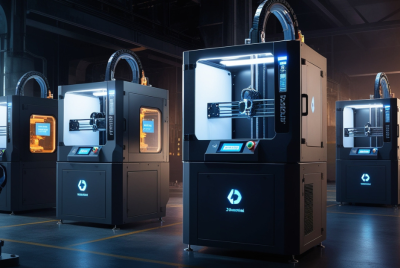 Futuristic factory setting with high-end industrial 3D printers and robotic automation in a dramatic, high-tech atmosphere
