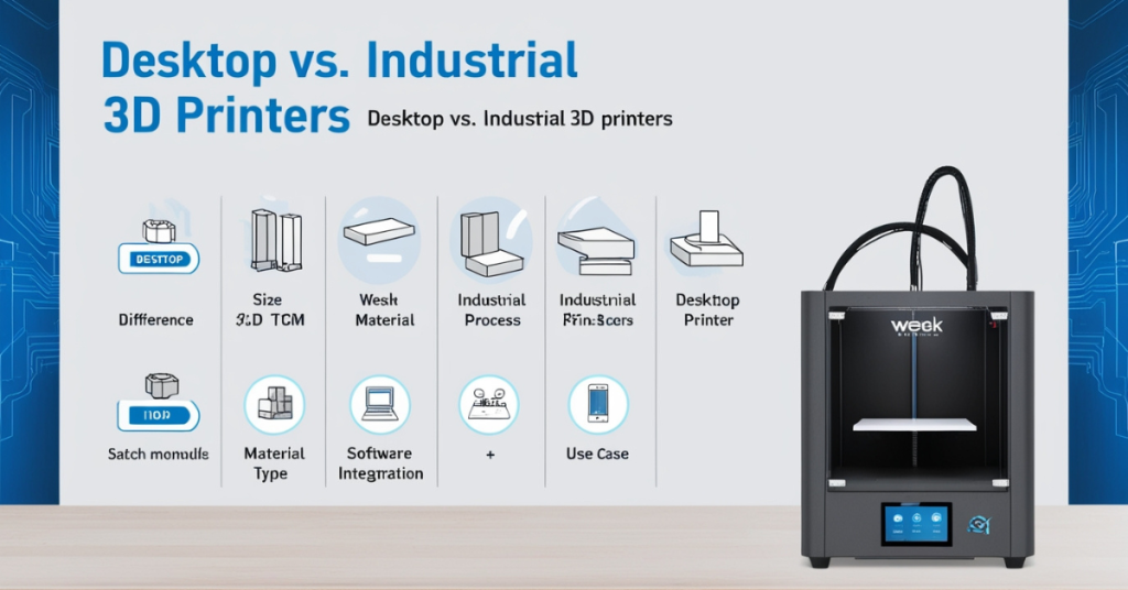 Infographic comparing desktop 3D printers to industrial 3D printers with key features and capabilities
