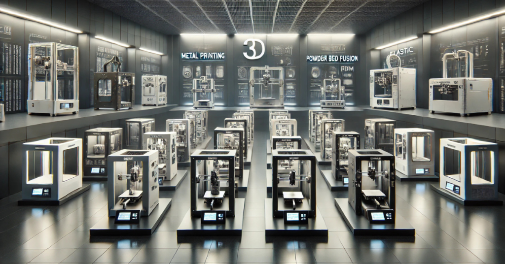A showcase-style visual of ten different industrial 3D printers for manufacturing in 2024