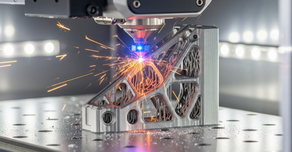 A metal aerospace bracket being printed inside an industrial 3D printer with sparks and heat