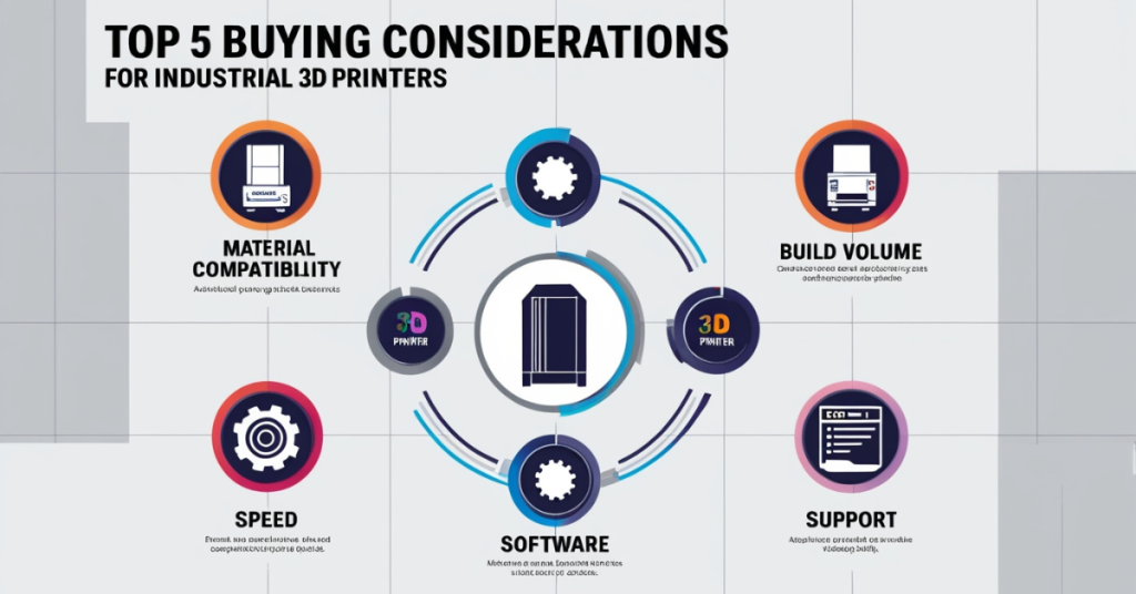 Visual breakdown of key considerations when selecting an industrial 3D printer