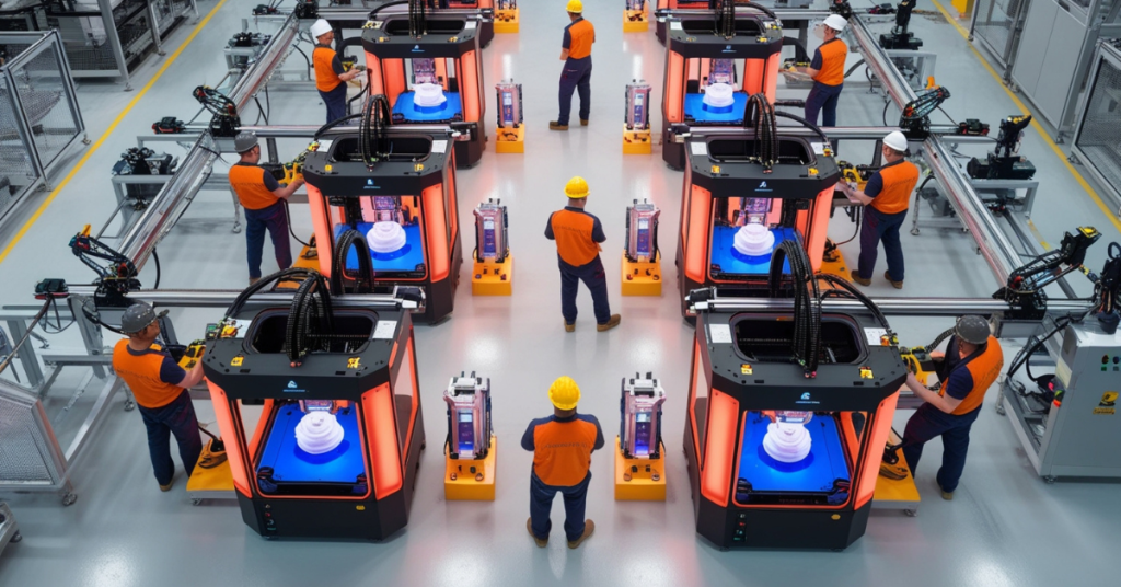 Bird’s-eye view of a modern factory floor with workers operating multiple large industrial 3D printers, all printing identical models under bright lighting